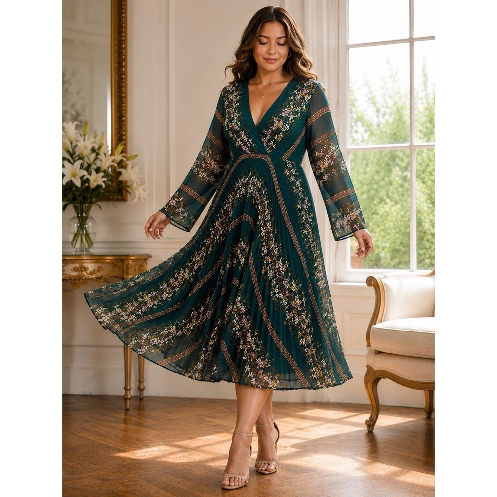 Maison Tara Green Floral Pleated Midi Dress 4 Sheer Bell Sleeve Romantic RR37